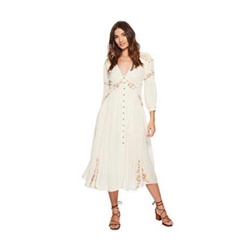Free People Ivory White Day Glow Floral Embroidered Button Front Midi Dress XS